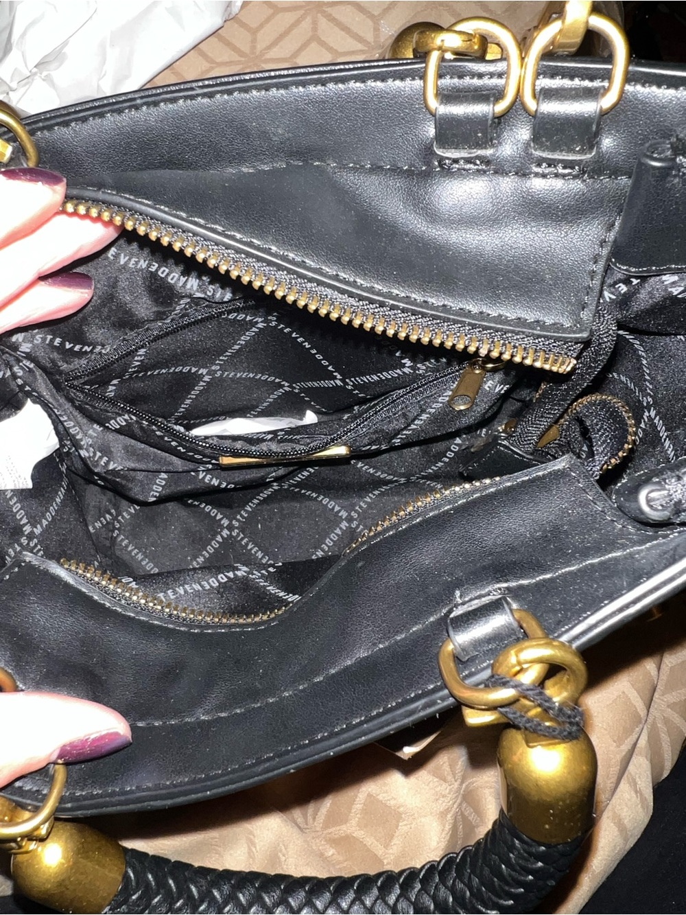 Steve Madden Black Braided Top-Handle Satchel with Gold Accent - Picture 17 of 17